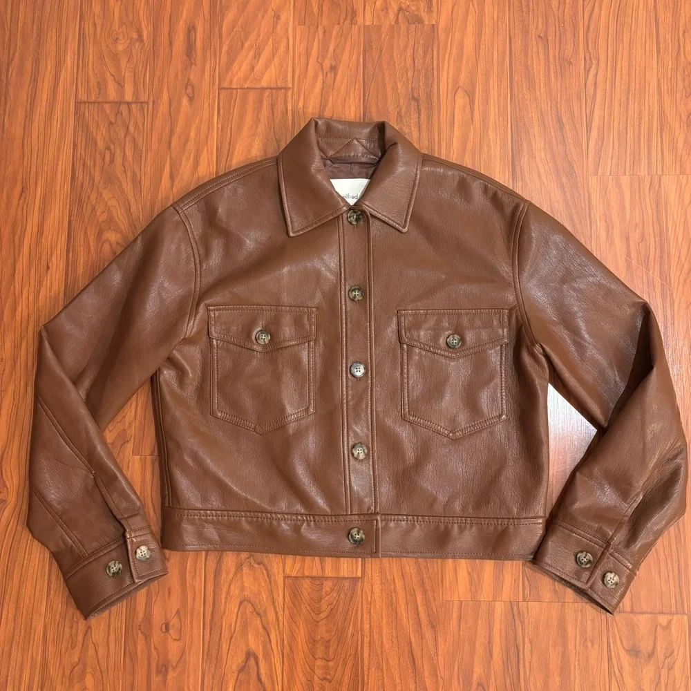 Wilfred Aritzia Vegan Leather Moto Cropped Jacket Brown Womens XS